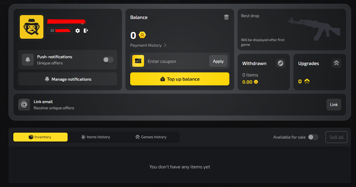 Upgrader.pro account dashboard with balance, coupon, inventory and history